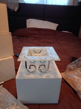 Source Unknown Silver and White Decorative Glass Tray on Scroll Stand